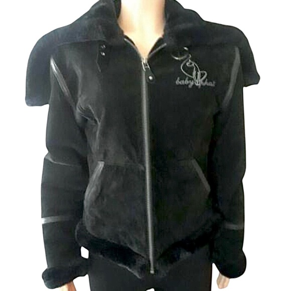 Vintage Baby Phat Black Suede Bomber Jacket Size- Small Y2K 2000 Faux Fur Lined - Picture 2 of 16